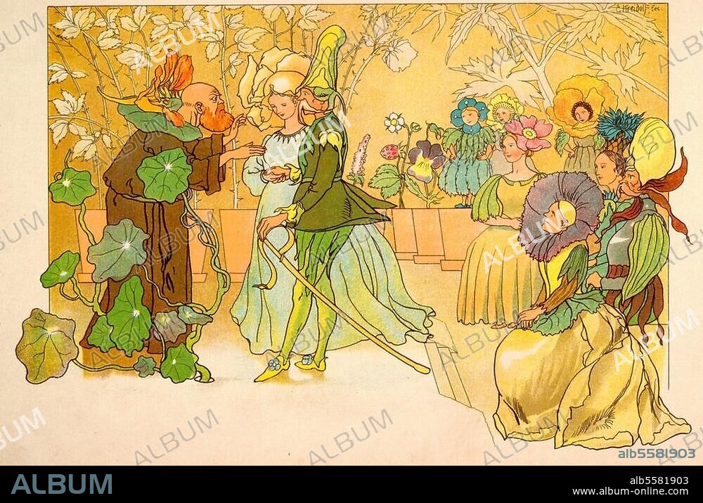 Littérature / Livre d'images. " Le mariage". Lithographie coul., 1898, de Ernst Kreidolf (1863-1956). In : Blumen-Märchen (Contes de fleurs). Images, texte et lithographie de Ernst Kreidolf, 2e édit. Cologne (Schafstein & Co) 1903. Berlin, Sammlung Archiv für Kunst und Geschichte.