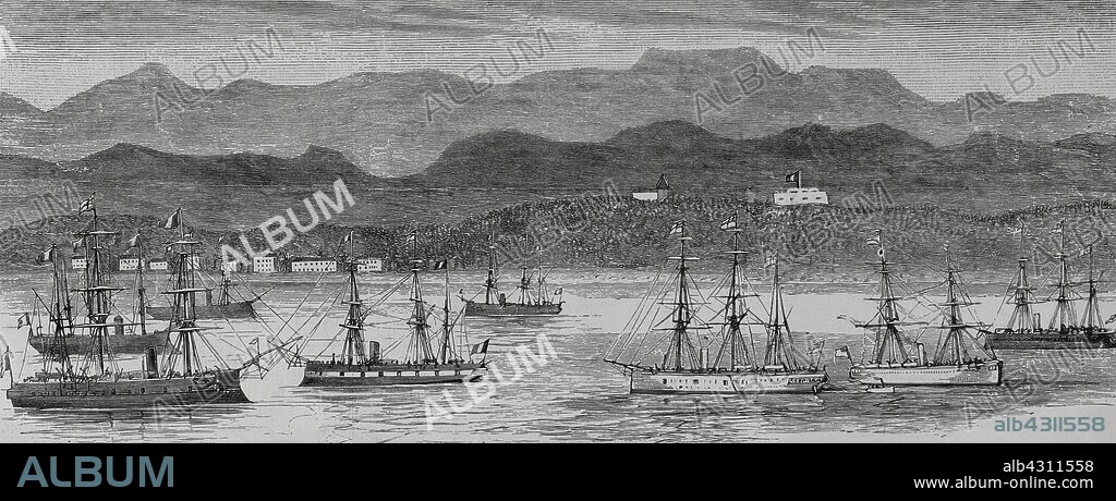 Isla de Madagascar. Vista del Puerto de Tamatave, ocupado por los franceses el 19 de junio de 1883. Fué colonia francesa hasta su independencia en 1960. Grabado. La Ilustración Española y Americana, 22 de septiembre de 1883.