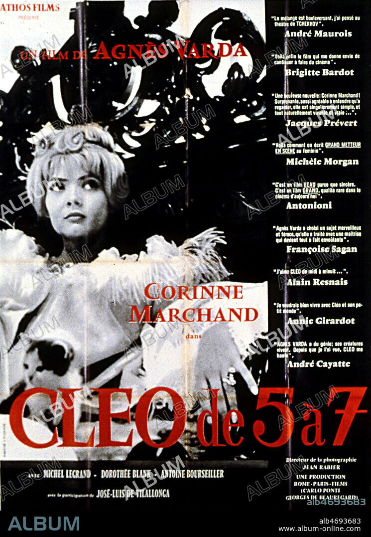 Affiche du film 'Cleo de 5 a 7' realise en 1961 par Agnes VARDA ( 1928-2019) avec Corinne MARCHAND. Distribution: Athos Films puis Ciné-Tamaris. Affiche : Jean Fourastié. Credit : Collection privee R.Perron/KHARBINE-TAPABOR.