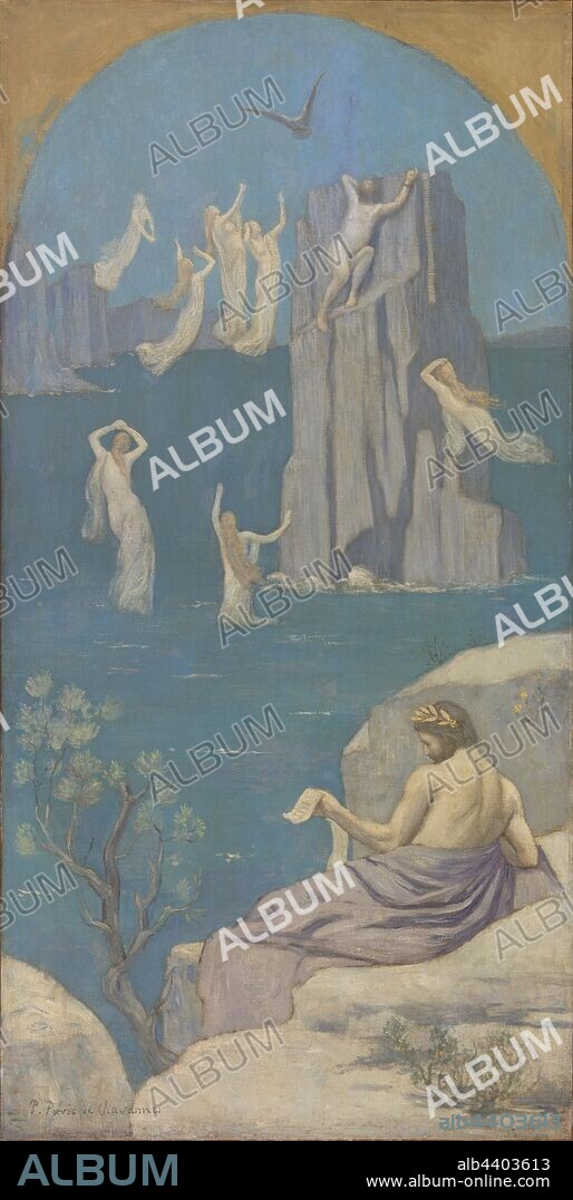 Pierre Puvis de Chavannes: Dramatic Poetry (Aeschylus), Pierre Puvis de Chavannes, c. 1896, Oil on canvas, This painting is a scaled-down version of an enormous canvas—over 14 x 7 feet—that French artist Puvis de Chavannes painted for the Boston Public Library. The greatest muralist of his time, Puvis carried out many important decorations for public buildings in France. The Boston project, a cycle of nine murals, was his first and only commission in the United States and represents the spheres of human knowledge contained in the library's holdings. Here we see the Greek poet Aeschylus reading the script of his tragedy, 'Prometheus Bound.' The climactic scene unfolds behind him, as the titan Prometheus, who stole fire from the Gods, is punished by being chained to a rock and having his liver consumed daily by an eagle. Water nymphs surround the doomed figure, making gestures of despair., Overall: 48 7/8 x 24 7/8 in. (124.1 x 63.2 cm).