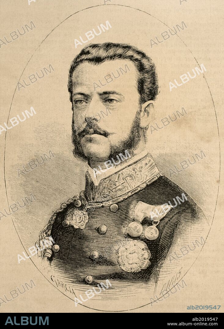 Amadeo Fernando María de Saboya (1845-1890). Rey de España entre 1870 y 1873 con el nombre de Amadeo I, llamado el Rey Caballero, y primer duque de Aosta. Su reinado duró poco más de dos años, con una gran inestabilidad política. Durante su reinado se dieron los movimientos independentista en Cuba, que había comenzado en 1868, y una nueva Guerra Carlista, iniciada en 1872. Grabado. "La Ilustración Española y Americana", 1870.