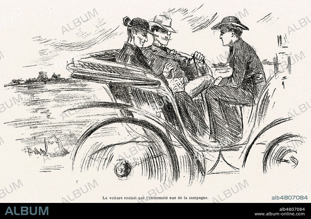 La voiture roulait par l'immensite nue de la campagne (Pierre et le cure Santobono dans la voiture de Prada). Illustration de BERTALL (1820-1882) pour 'Les trois villes. Rome' par Emile ZOLA (1840-1902), edition de 1906. Credit : Collection Jonas/KHARBINE-TAPABOR.