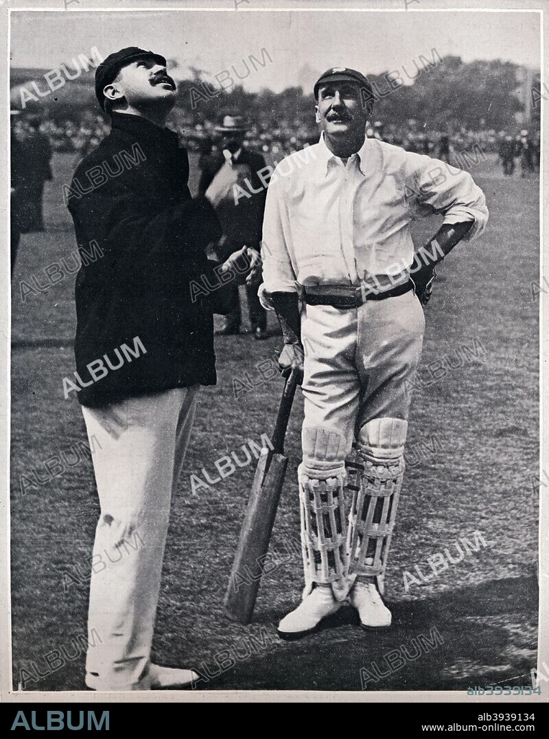 The Rival Captains, 1906. Martin Bladen Hawke, 7th Baron Hawke of Towton (1860-1938) and Harry Meyer Archibald Primrose, 6th Earl of Rosebery (1882-1974) tossing for innings in the 'great' Surrey v Yorkshire cricket match. From The Tatler Volume 21 [The Tatler, London, 1906].