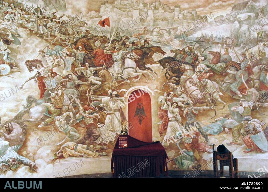 Uprising against the Ottoman Empire. Memorial wall dedicated to Pepe George Kastrioti Skanderbeg (1405Ð1468).  National hero and a key figure of the Albanian National Awakening Battle scene. Albanians fight against the Ottomans. National Skanderbeg Museum. Kruje. Albania.