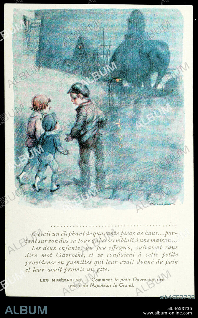 FRANCISQUE POULBOT. Gavroche emmene les enfants dans l'elephant de la Bastille in les Miserables de Victor HUGO (1802-1885). Illustration de POULBOT (1879-1946). Credit: Collection KHARBINE-TAPABOR.
