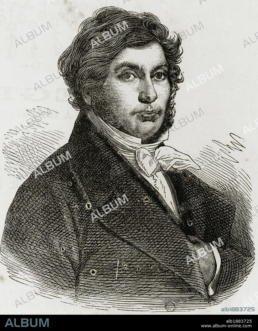 CHAMPOLLION, Jean-François (Figeac, 1790-París, 1832). Egiptólogo francés. Tras descifrar la piedra Rosetta (196 a. C.) fue el primero en determinar la existencia de los tres sistemas de escritura, jeroglífico, hierático y demótico, utilizados por los antiguos egipcios. Grabado de "El Universo Ilustrado". (Año 1881) .