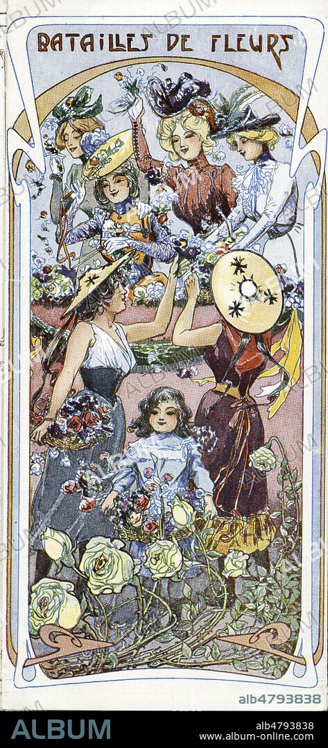 'Batailles de fleurs'. Brochure publicitaire pour le carnaval de Nice de 1901. Illustration anonyme. Credit : Collection IM/KHARBINE-TAPABOR.