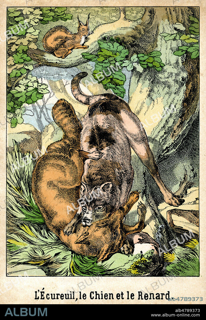 L'ecureuil, le chien et le renard. Illustration anonyme vers 1880 pour Les fables de FLORIAN (1755-1794). Imagerie Olivier-Pinot a Epinal. Credit : Collection Jonas/Kharbine-Tapabor.