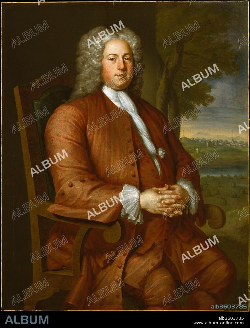 Francis Brinley. Artist: John Smibert (American, Edinburgh, Scotland 1688-1751 Boston, Massachusetts). Dimensions: 50 x 39 1/4 in. (127 x 99.7 cm). Date: 1729.
Francis Brinley (1690-1765) was born in England but moved to Newport, Rhode Island in 1710 at the request of his grandfather. He eventually settled in Boston, where he married Deborah Lyde, granddaughter of Nathaniel Byfield (24.109.87). In 1719, he inherited  a substantial tract of land in Roxbury upon which he built the elaborate Datchet House residence. Smibert painted this portrait in Boston in May of 1729. The background, an early instance of landscape in American painting, represents a view of Boston from Brinley's  country home. Smibert also painted a portrait of Brinley's wife (62.79.2).