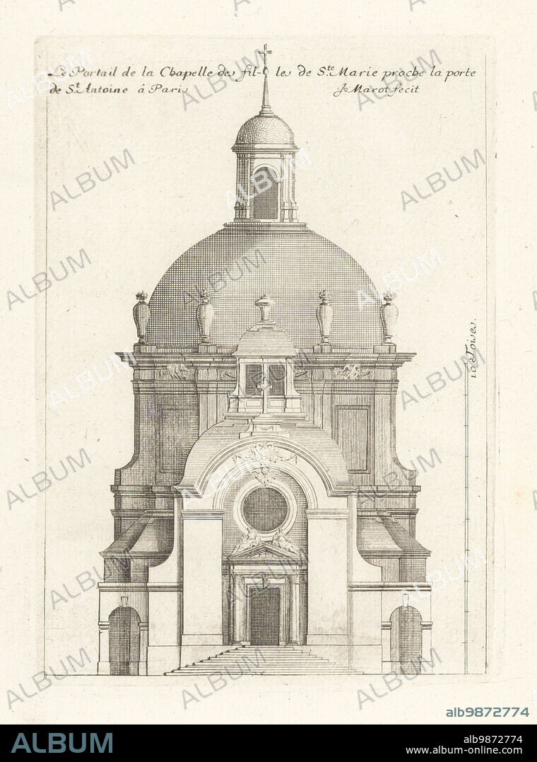 Front of the convent church of the Filles de la Visitation Sainte-Marie, Porte St.-Antoine, Paris. Designed by Francois Mansart and built by Michel Villedo, circa 1634. Le Portail de la Chapelle des filles de Ste. Marie proche la Porte de St. Antoine a Paris. Copperplate engraving drawn and engraved by Jean Marot from his Recueil des Plans, Profils et Elevations de Plusieurs Palais, Chasteaux, Eglises, Sepultures, Grotes et Hotels, Collection of Plans, Profiles and Elevations of Palaces, Castles, Churches, Tombs, Grottos and Hotels, chez Mariette, Paris, 1655.
