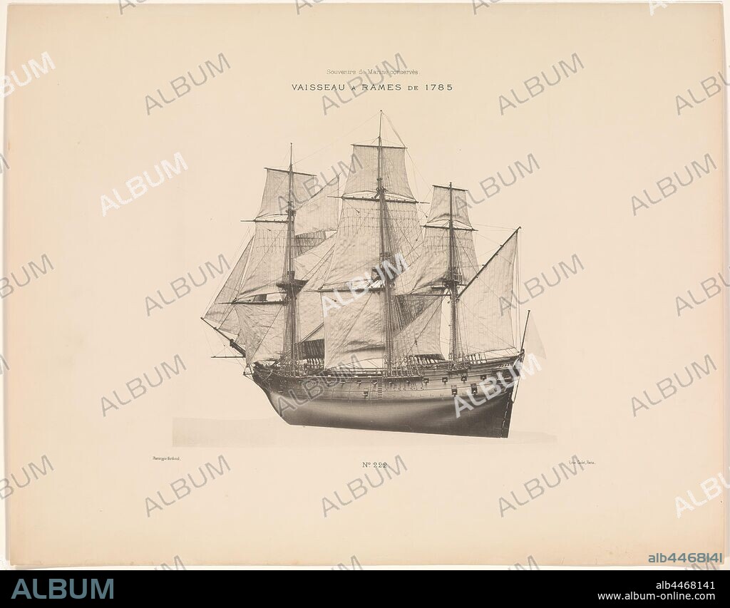 Vaisseau a Rames the 1785 (title on object) Souvenirs de Marine conservés: collection of plans ou dessins the navires existants ou disparus ... (series title), Ship model of the ship 'Rames' from 1785. Plate 222 from 'Souvenirs de Marine conservés ...', ship model, sailing ship, sailing boat, Berthaud Frères (mentioned on object), Paris, 1889, paper, ink, photolithography, h 442 mm × w 563 mm.
