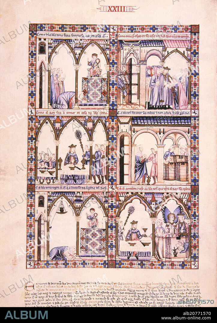 ALFONSO X EL SABIO (1221-1284). MTI1 - CANTIGA DE SANTA MARIA Nº23 - F35V - LA VIRGEN ACRECIENTA EL VINO EN EL TONEL DE UNA DAMA DE BRETAÑA - SIGLO XIII -.