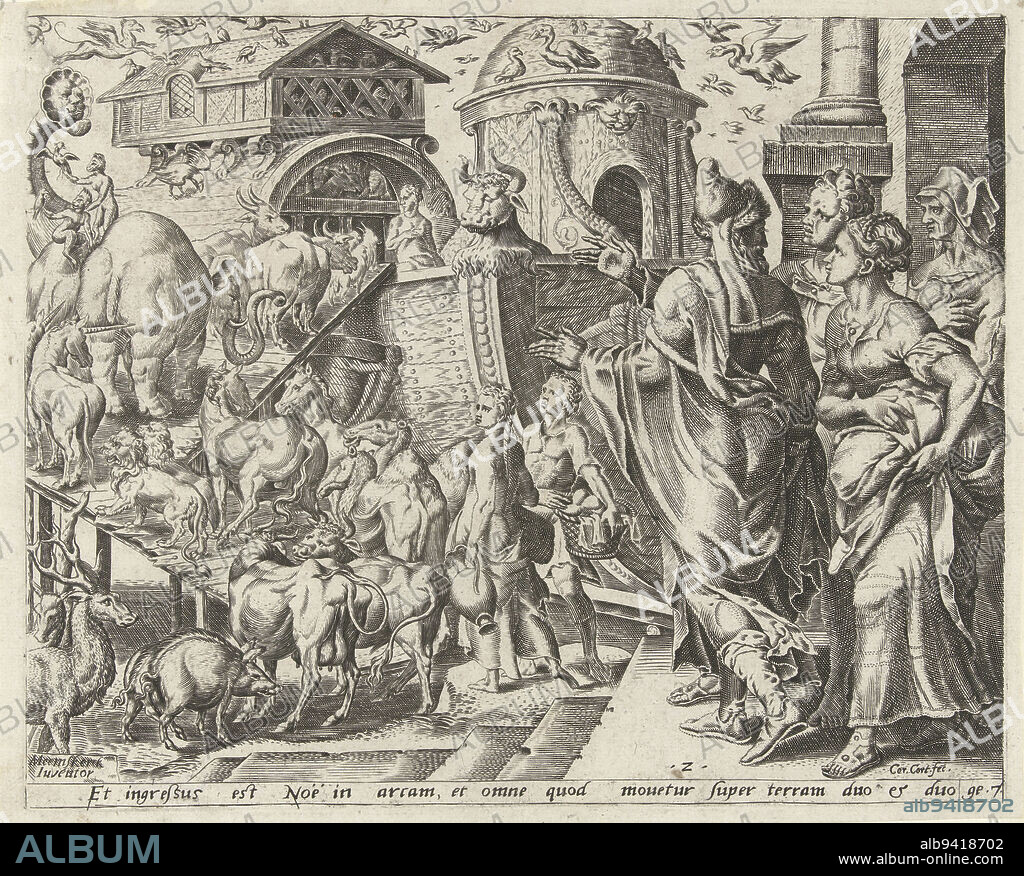 A procession of animals enters the ark, a pair of each species. Above the ark a swarm of birds. Right in front of Noah and his family, Noah goes with his family and the animals aboard the ark The history of Noah (series title), print maker: Cornelis Cort, (mentioned on object), Maarten van Heemskerck, (mentioned on object), publisher: Julius Goltzius, print maker: unknown, publisher: Antwerp, after c. 1559 - c. 1601, paper, engraving, h 203 mm × w 251 mm.