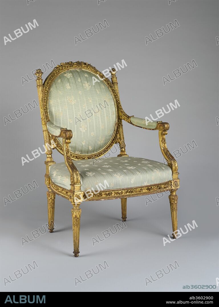 Armchair (Fauteuil à la reine). Culture: French, Paris. Dimensions: H. 38-3/4 x W. 26-3/8 x D. 23-5/8 in.  (98.4 x 67.0 x 60.0 cm). Maker: attributed to Georges Jacob (French, Cheny 1739-1814 Paris). Date: ca. 1785.
This armchair with a medallionshaped back surmounted by a rippled bowknot, its columnar uprights surmounted by finials shaped like flaming cassolettes, seems to be depicted in two paintings by Adelaide Labille-Guiard (1749-1803). Principal painter to "Mesdames Tantes," the unmarried aunts of Louis XVI, Labille-Guiard exhibited a full-length portrait of Madame Adelaide at the Salon of 1787. The princess stands in front of the chair, her robe draped over its arm. Three years later the artist painted Charles-Roger, prince de Bauffremont (1713-1795), seated in what seems to be the same chair. In both portraits it is upholstered in blue-green velvet. Since no other armchair of this model is known, it is possible that this very piece of seat furniture once belonged to Madame Adelaide. According to Eleonore-Charlotte-Adelaide-Louise d'Osmond, comtesse de Boigne (1781-1866), whose mother had been a lady-inwaiting to the princess, she was considered the cleverest of the Mesdames Tantes. She hated wine and strongly objected to the common habit of spitting, becoming enraged if anyone spat in her presence. She never married, preferring to keep her position as a Daughter of France. Together with her sister Victoire, Madame Adelaide ordered fashionable furnishings for the Chateau de Bellevue, their country residence overlooking the Seine, which had formerly belonged to Madame de Pompadour.