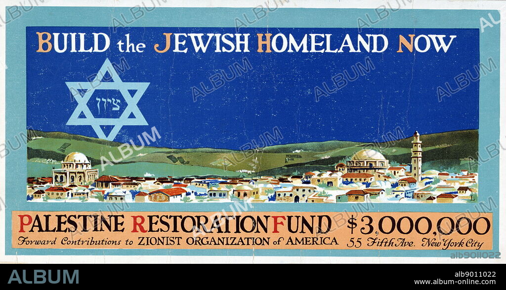 Poster created by the Zionist Organisation of America asking for donations towards the Palestine Restoration Fund. Dated 20th Century.