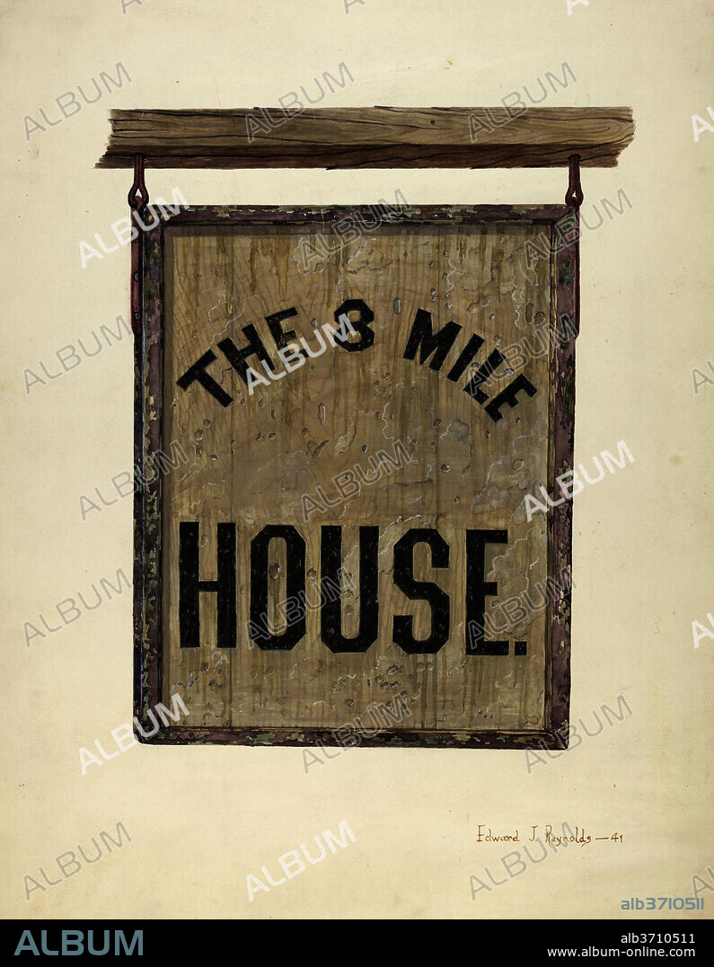 E. J. REYNOLDS. Tavern Sign. Dated: c. 1941. Dimensions: overall: 52.4 x 39.9 cm (20 5/8 x 15 11/16 in.)  Original IAD Object: 24 3/4" high; 20 1/4" wide. Medium: watercolor, gouache, and graphite on paperboard.