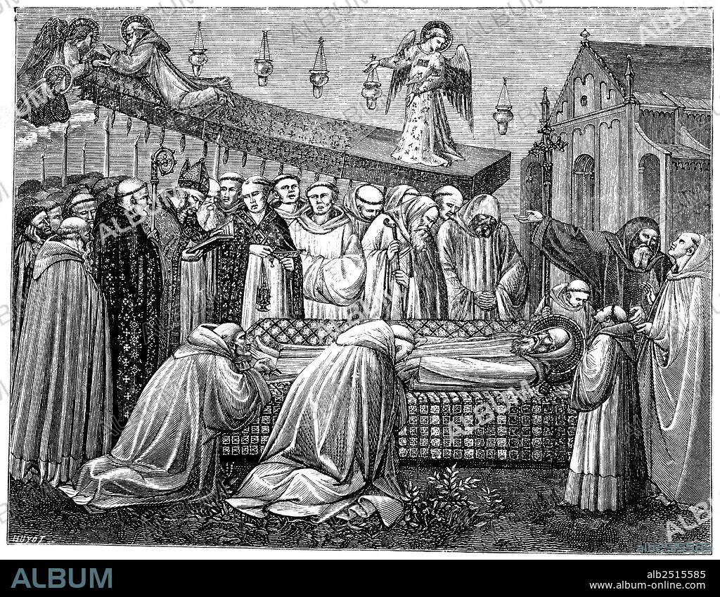 Muerte de San Benito de Nursia (480-547) en marzo del 547, rodeado de todos sus religiosos. Reproducción de un fresco de 1390. Grabado de 1877.