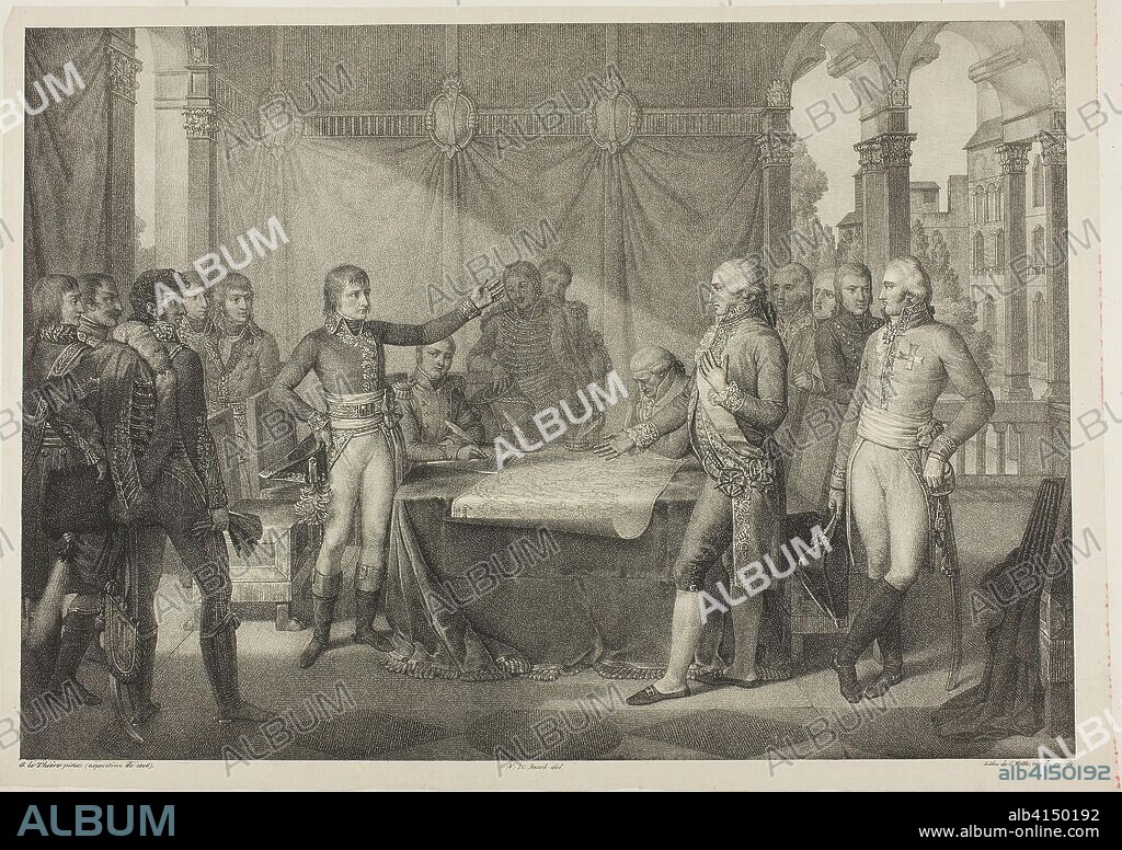 Treaty of Léoben. Nicolas Henri Jacob (French, 1782-1871); after Guillaume Lethiere (French, 1760-1832); printed by Charles Étienne Pierre Motte (French, 1785-1836); published by chez Babeuf (French, active 19th century). Date: 1817-1827. Dimensions: 277 x 397 mm (image); 299 x 421 mm (primary support); 408 x 554 mm (secondary support). Lithograph in black on ivory chine, laid down on ivory wove paper. Origin: France.