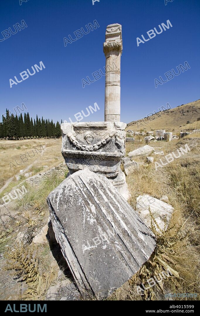 The remains of a stoa, Pamukkale (Hierapolis), Turkey. A stoa is a covered walkway or portico, common in ancient Greek times. The mineral springs and the ruins of the ancient city of Hierapolis make this an unusually attractive place. The Hittites and the Phyrigians, the early civilisations in Anatolia, built altars, temples or cities at almost every water source.