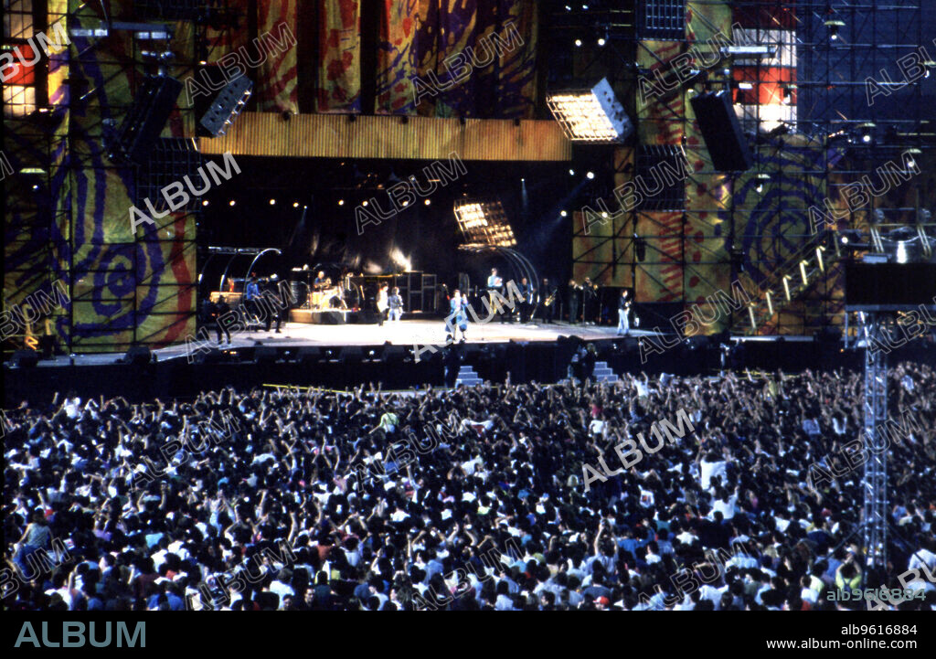 Overview of the audience and the stage during a concert of the Rolling Stones in Barcelona in 1990.