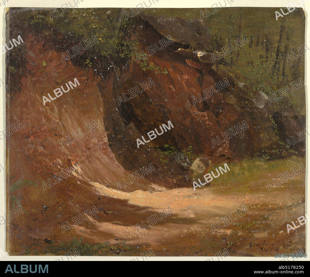 Woodland bank, Jamaica, Frederic Edwin Church, American, 18261900, Oil on thin cardboard, Sunlight and shadows play upon a red clay bank bordering a woodland path., USA, June 1865, landscapes, Drawing, Drawing.
