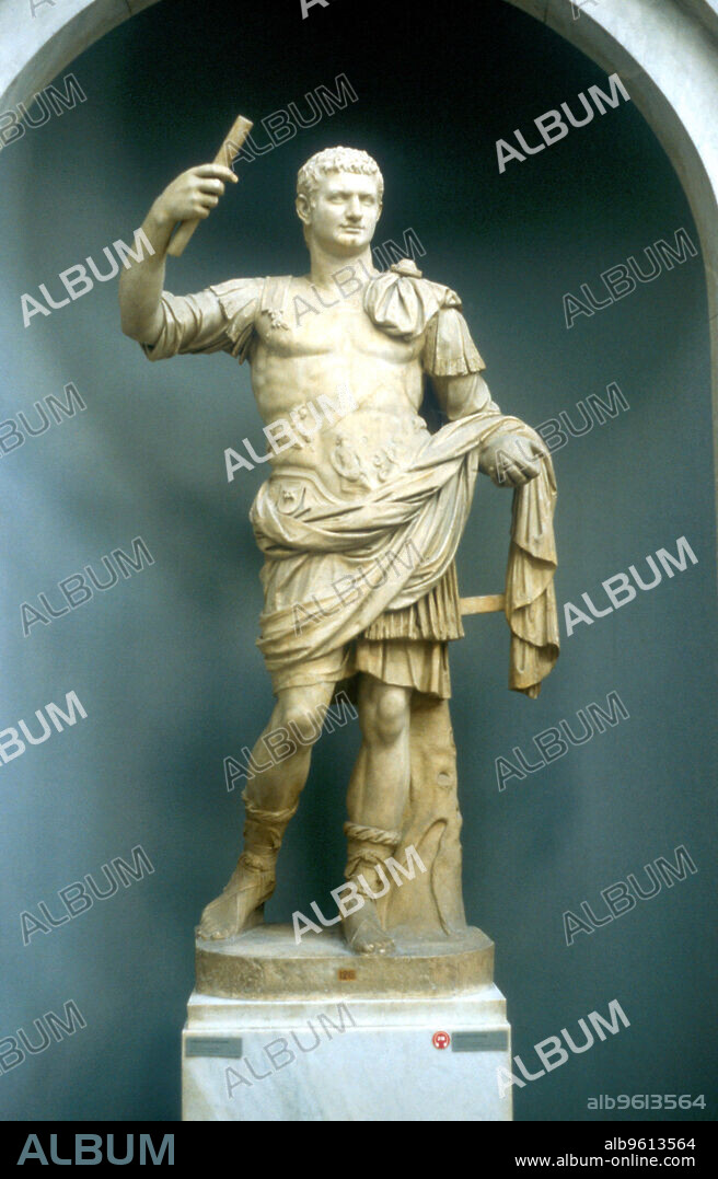 Augustus Caesar, first Roman Emperor. Marble statue of Gaius Julius Caesar Octavianus (63 BC-14 AD), who became one of a triumvirate of rulers after the death in 44 BC of Julius Caesar, his great-uncle, whose dictatorship had brought an end to the Roman republic. He became sole ruler in 31 BC after defeating Mark Anthony at the Battle of Actium, and in 27 BC proclaimed himself Emperor, adopting the title Caesar Augustus. Octavian's rule, which lasted until 14 AD, ended a century civil strife and was a period of peace, and prosperity in which Rome attained the height of its imperial power.