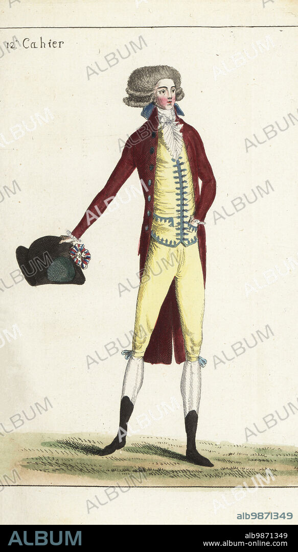 Man in hairstyle with two curls, wine-red coat, batiste cravatte, silk gilet and matching culottes, garters with blue bows, white silk hose, English bootlets. Holding a bicorne with tricolor cockade. Handcoloured copperplate engraving from Jean-Antoine le Brun or Lebrun-Tossas Journal de la Mode et du Gout, previously Cabinet des Modes, Chez Buisson, Paris, and Joseph le Boffe, London, 12me Cahier, 15 June 1790.