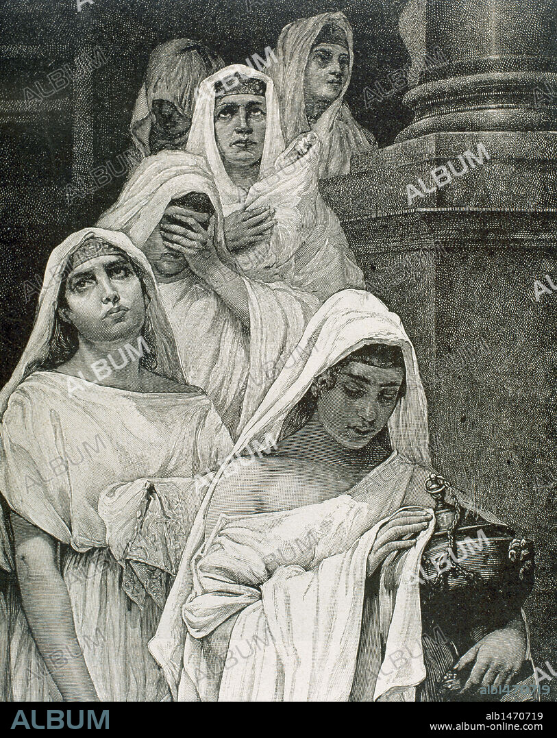 HISTORIA DEL IMPERIO ROMANO. SACERDOTISAS VESTALES encargadas de custodiar el fuego del templo. Grabado.