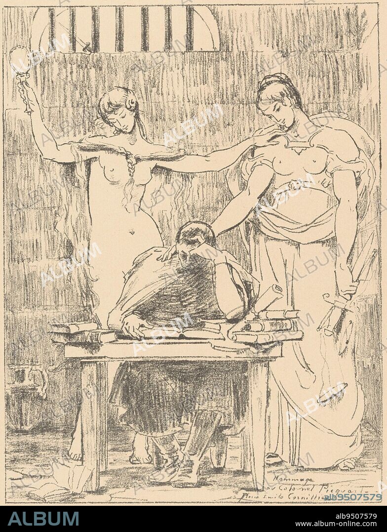 This lithograph was made as a tribute to Colonel Georges Picquart, who as head of intelligence for the French army discovered that fraud had been committed in the Alfred Dreyfus case. As he continued his investigation, he was relieved of his duties in 1898 and sent to Tunis. Cornillier depicted Picquart in prison, engrossed in a stack of books. He is supported by Prudentia and Justice, Colone Georges Picquart behind a desk Hommage au Colonel Picquart , print maker: Pierre-Emile Cornillier, (mentioned on object), 1899, paper, h 399 mm × w 286 mm.