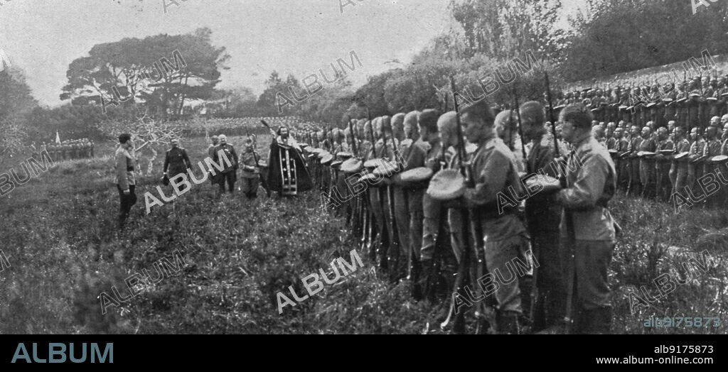 'Les Russes en France; au camp Mirabeau, pres de Marseille : la benediction des soldats russes par le pope qui passe devant leurs rangs', 1916. From "Collection de la Guerre IV. L'Illustration Tome CXLVII. La Guerre Janvier, Fevrier, Mars, Avril, Mai, Juin 1916".