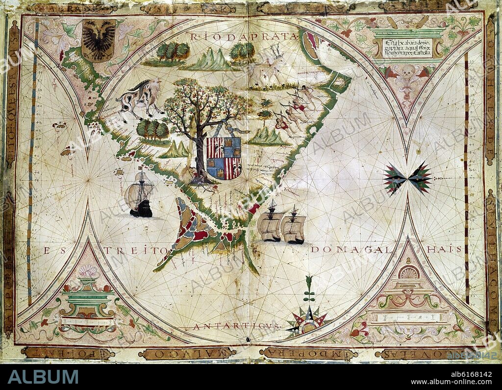 FERNAO VAZ DOURADO (1520-1580). MAP OF THE STRAIT OF MAGELLAN - FOL 7 - CARTOGRAPHY - ATLAS 1568.