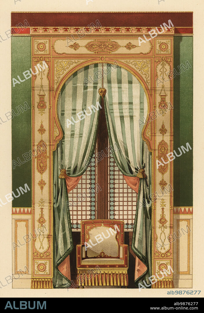 Arab-style wall hanging, circa 1900. Two-tone satin valance with gold embroidery, striped wool and silk curtains, harem screen. Planche 5. Croisee Style Arabe. Cantonniere satin deux tons, broderie or. Rideaux de dessous etoffe gourgouran laine et soie a rayures. Tenture murale etoffe laine et soie. Chromolithograph by Henry Sicard et A. Farradesche after an illustration by Ernest Foussier from his Nouveaux Modèles de Tentures, Decorations de Fenêtres, New Models of Wall Hangings, Window Decorations, E. Thezard Fils, Librairie Speciale dArchitecture, Dourdan, France, 1900. Foussier (1859-1917) was a French architect and interior decorator who worked in Paris.