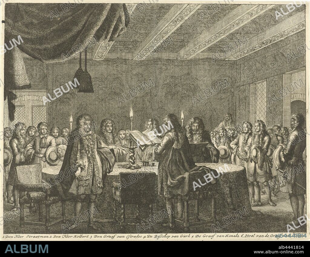 The signing of the peace treaty between France and the German Emperor, 5 February 1679, The signing of the peace treaty between France and the German Emperor in the city hall of Nijmegen at ten o'clock ' evening February 5, 1679. Interior with a group of men standing around a table by candlelight. Among the negotiators are: Graf Strattmann, Marquis de Croissy (Colbert), Comte d'Estrades, the Bishop of Gurk, Graf Kinsky, and the empty chair of the Comte d'Avaux. In the margin the legend 1-5, signing of peace treaty, concluding the peace, City Hall, Theodor Alethaeus Heinrich, Graf Strattmann, Charles Colbert de Croissy, Godefroi Comte d'Estrades, Johann Freiherr von, Bishop of Gurk Goess, Franz Ulrich, Grave Kinski, Jan Luyken (mentioned on object), Amsterdam, 1699, paper, etching, h 397 mm × w 382 mm.