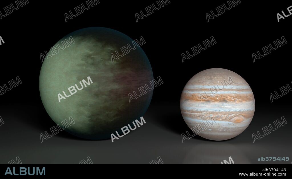 Kepler-7b (left), which is 1.5 times the radius of Jupiter (right), is the first exoplanet to have its clouds mapped. This artist's concept shows what those clouds might look like. The cloud map was produced using data from NASA's Kepler and Spitzer space telescopes. The map shows that clouds cover the western side of the gaseous planet, leaving the east cloud-free. Researchers speculate the clouds are made up of minerals containing silicates. Kepler-7b is one of the puffiest, or least dense, planets known. While it is 1.5 times the size of Jupiter is has only about half the mass. NASA's Ames Research Center manages Kepler's ground system development, mission operations and science data analysis. JPL managed the Kepler mission's development. NASA's Jet Propulsion Laboratory manages the Spitzer Space Telescope mission for NASA's Science Mission Directorate, Washington. Science operations are conducted at the Spitzer Science Center at the California Institute of Technology in Pasadena. Data are archived at the Infrared Science Archive housed at the Infrared Processing and Analysis Center at Caltech. Caltech manages JPL for NASA. Release date September 30, 2013.