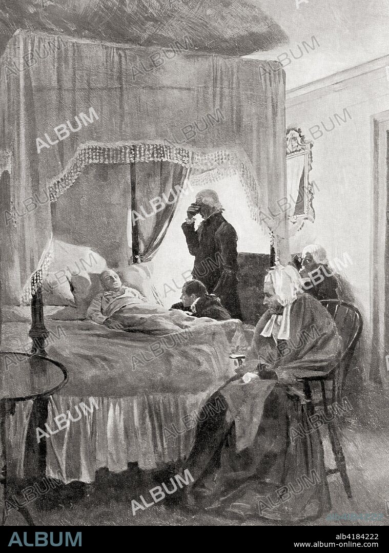 The death of George Washington, 1799.  George Washington, 1732 - 1799. American politician, soldier, one of the Founding Fathers of the United States and first President of America.  From Hutchinson's History of the Nations, published 1915.