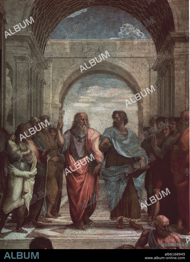 RAFAEL SANZIO O RAFAEL DE URBINO. Italian school. Detail of The School of Athens (Leonardo da Vinci as Plato and Aristotle).. Scuola di Atene . Vatican, Room of the Segnatura.