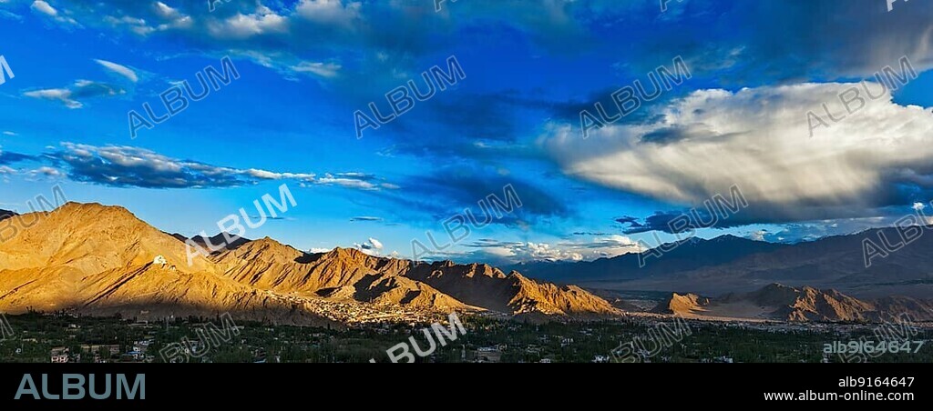 Sunset panorama of Leh city. Ladakh, Jammu and Kashmir, India, Asia.