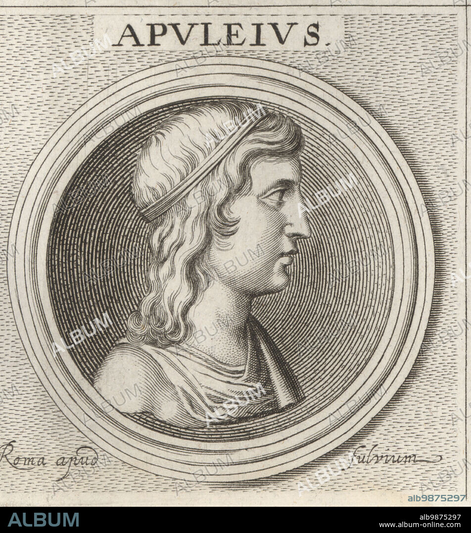 Apuleius, or Lucius Apuleius Madaurensis, Numidian Latin-prose writer, philosopher, orator and priest in the imperial cult, born around 125 AD in Madauros (M'Daourouch, Algeria), died after 170. Apulejus. Copperplate engraving after an illustration by Joachim von Sandrart from his LAcademia Todesca, della Architectura, Scultura & Pittura, oder Teutsche Academie, der Edlen Bau- Bild- und Mahlerey-Kunste, German Academy of Architecture, Sculpture and Painting, Jacob von Sandrart, Nuremberg, 1675.