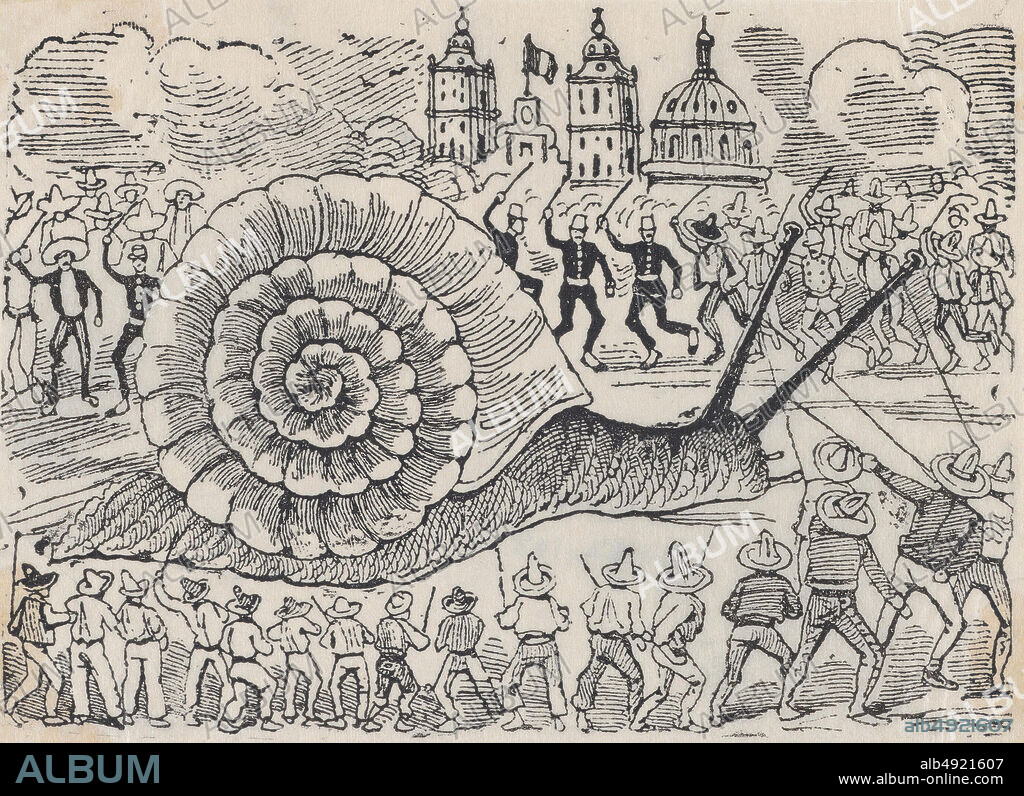 José Guadalupe Posada, A group of people attacking a giant snail, José Guadalupe Posada (Mexican, 18511913), ca. 18801910, Etching on zinc, Sheet: 3 9/16 × 5 1/8 in. (9 × 13 cm), Prints.