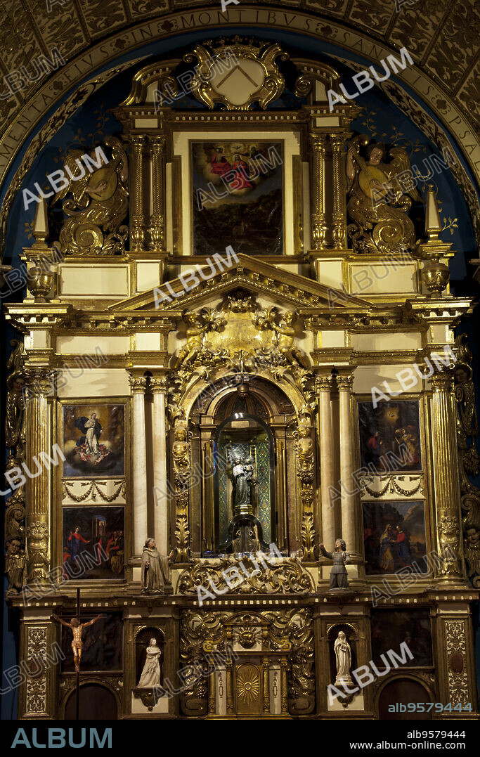 SPAIN Balearic Islands, Mallorca.Santuario de Lluc, Escorca.Actuacion de " Es blauets de Lluc" en la Basilica frente al retablo mayor , obra del Maestro Jaume Blanquer, con la imagen de Santa María, colocada en el centro en un nicho rotatorio.