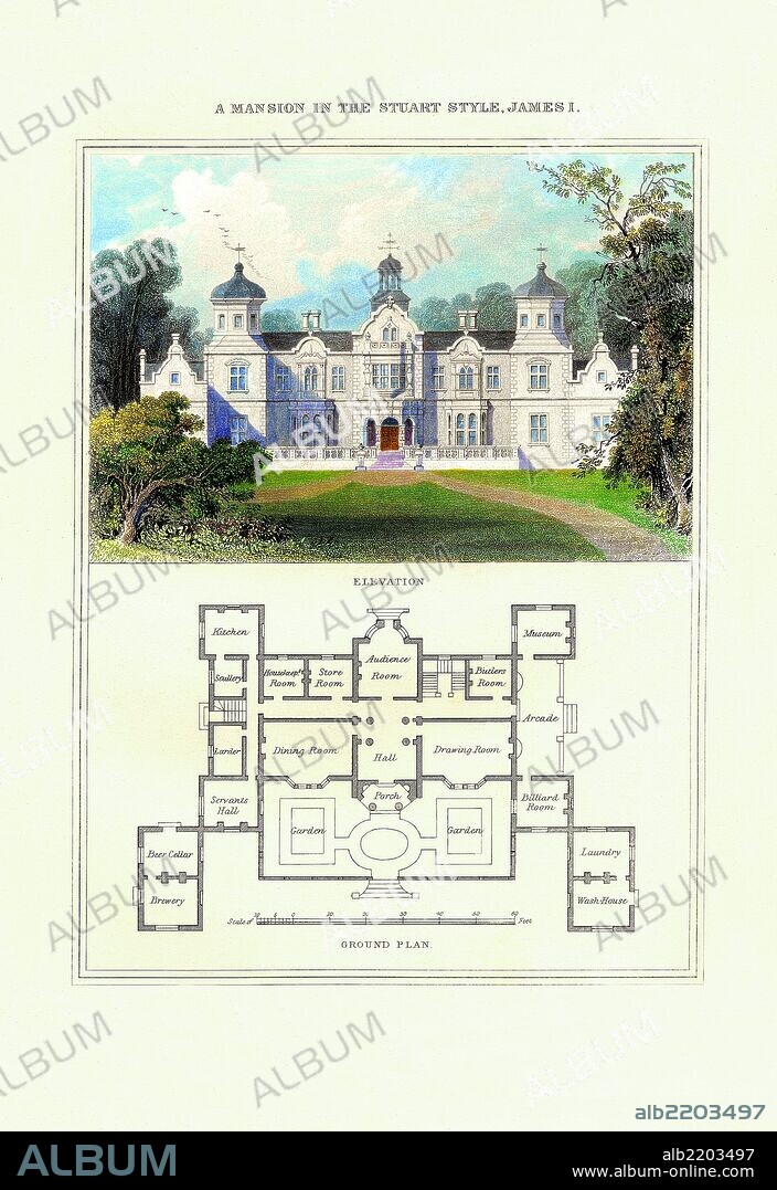 Cottages & Villas of the English Countryside in the adaptation from foreign influences in design with a painting of the home and a basic first floor plan.