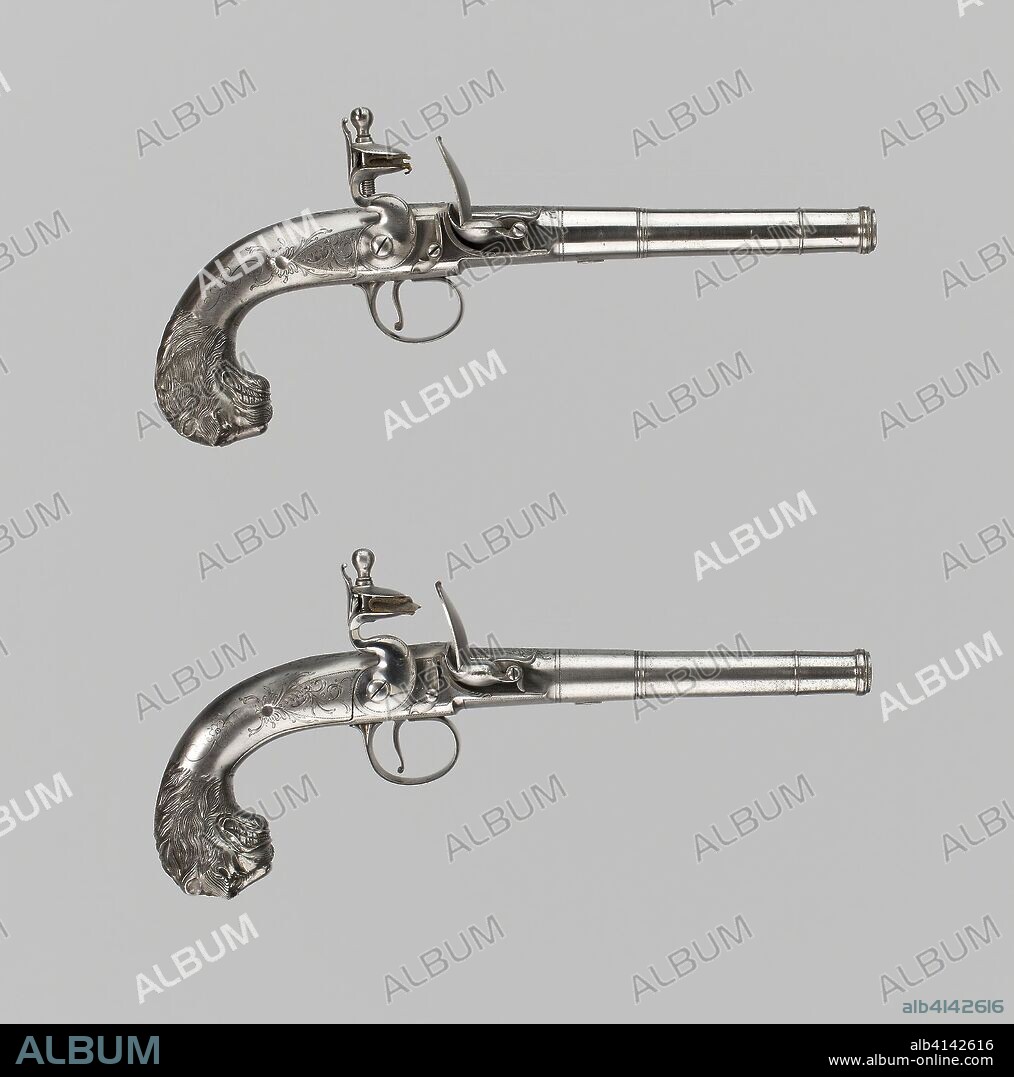 Pair of Flintlock Turn-Off Pistols. English; London. Date: 1760-1770. Dimensions: L. 30 cm (11 13/16 in.)
Barrel L. 17.5 cm (6 7/8 in.)
Wt. 2 lb. 
Caliber .57. Steel, leather, and flint. Origin: London.
