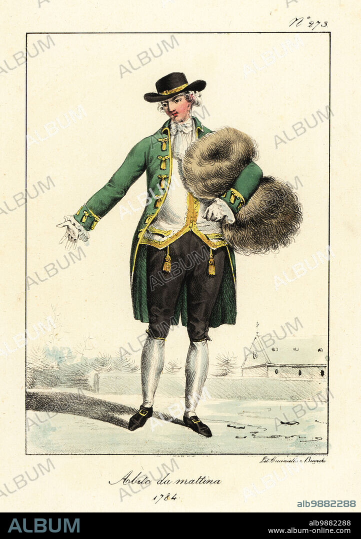 French gentleman in casual morning outfit, 1784. In hat, wig, green coat, waistcoat, breeches, buckle shoes, holding a fur muff. Costume neglige du matin, 1784. Abito de mattina 1784. Handcoloured lithograph by Lorenzo Bianchi and Domenico Cuciniello after Hippolyte Lecomte from Costumi civili e militari della monarchia francese dal 1200 al 1820, Naples, 1825. Italian edition of Lecomtes Civilian and military costumes of the French monarchy from 1200 to 1820.