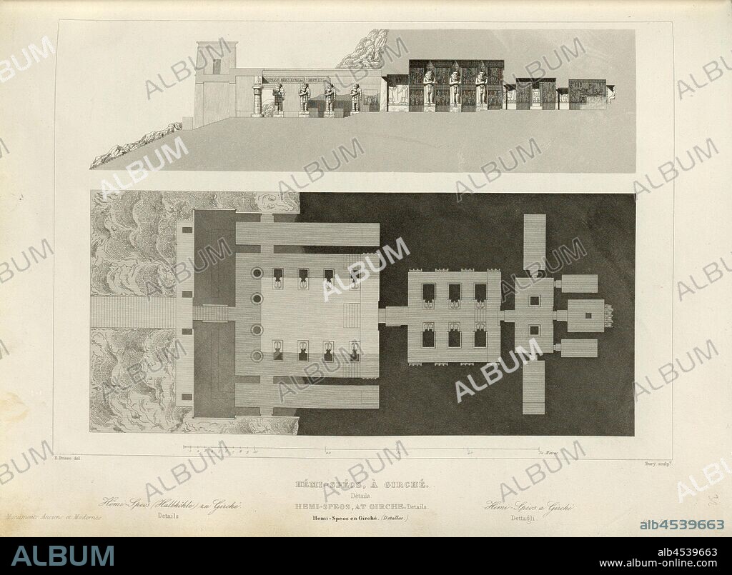 Hemi-Speos, in Girche 2, Temple of Gerf Hussein in plan and cross section, signed: E. Prisse (del.), Bury (sculp.), Fig. 30, p. 135, Prisse, E (del.), Bury, J. (sculp.), 1853, Jules Gailhabaud: Monuments anciens et modernes. Bd. 1. Paris: Librairie de Firmin Didot frères, 1853.