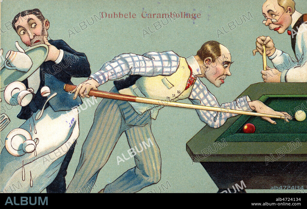 'Dubbele carambollage' : double carambolage - un joueur de billard bouscule un garcon de cafe avec sa queue. Carte postale neerlandaise vers 1920, serie sur le billard. Credit : IM/KHARBINE-TAPABOR.