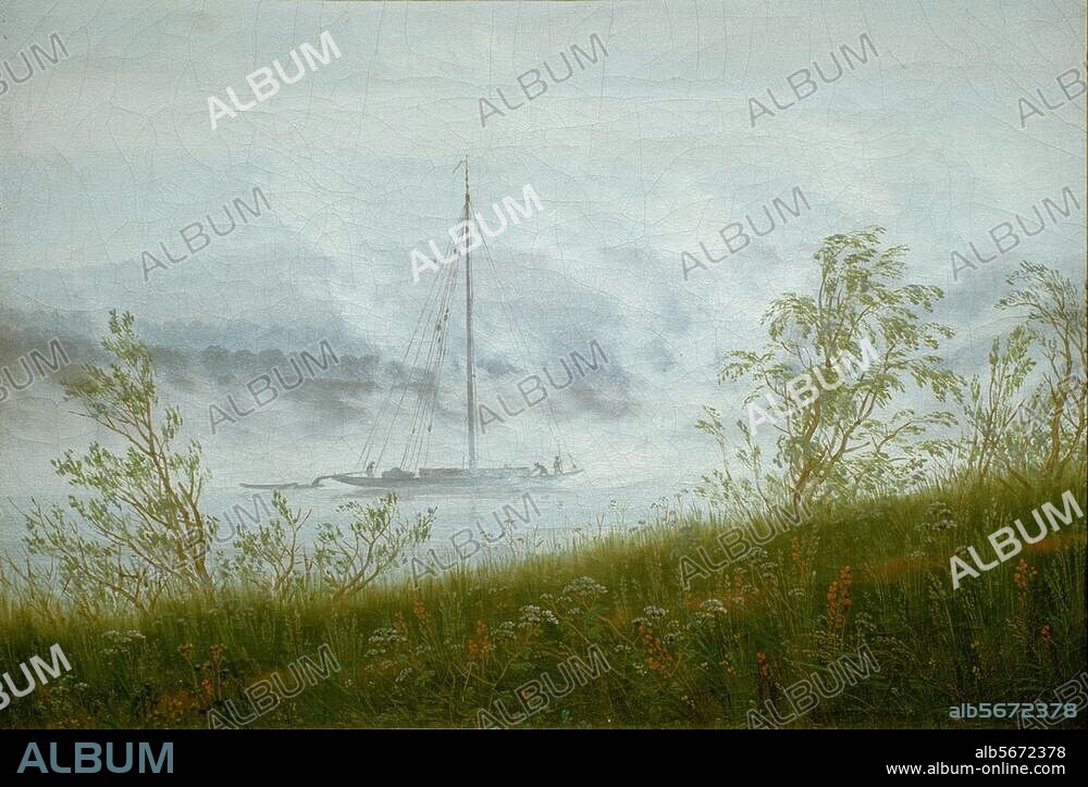 CASPAR DAVID FRIEDRICH. Friedrich, Caspar David. 1774-1840. "Elbschiff im Frühnebel" (Flußufer im Nebel), um 1821. Öl auf Leinwand, 22 × 33,5 cm. WRM 2667. Köln, Wallraf-Richartz-Museum.
