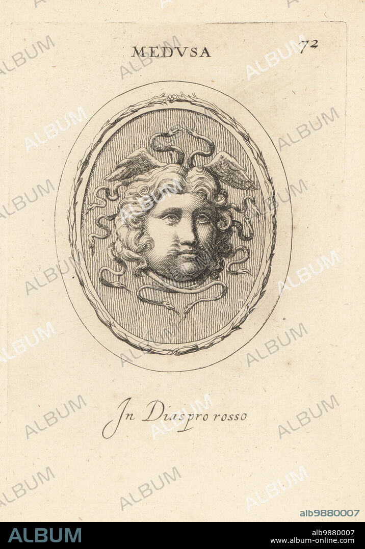 Head of Medusa with snakes and wings in her hair, one of the monstrous Gorgons. Carved by a master in red jasper. Medusa. In diaspro rosso. Copperplate engraving by Giovanni Battista Galestruzzi after Leonardo Agostini from Gemmae et Sculpturae Antiquae Depicti ab Leonardo Augustino Senesi, Abraham Blooteling, Amsterdam, 1685.