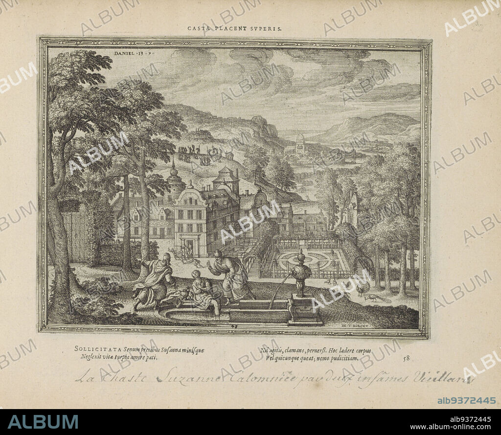 Susanna and the elders, Casta placent superis (title on object), Emblemata Sacra è praecipuis utriusque testamenti historiis concinnata (Old Testament) (series title), Imagines et figurae bibliorum (series title), A court garden with Susanna and the elders. Susanna, bathing by a fountain in a garden. The two elders approach her. From the house in the background, the inhabitants pour out to see what is going on. On the right, two peacocks, two chickens and a rooster. In the distance, the two elders are being put to death (Dan. 13:7). With a motto in Latin above the image and a four-line caption in Latin below the print. The print is part of an album., print maker: Pieter van der Borcht (I) (mentioned on object), Bernardus Sellius, print maker: Antwerp, publisher: Amsterdam, 1582 - 1593 and/or 1613, 9: paper, letterpress printing, etching, height 189 mm × width 247 mm.