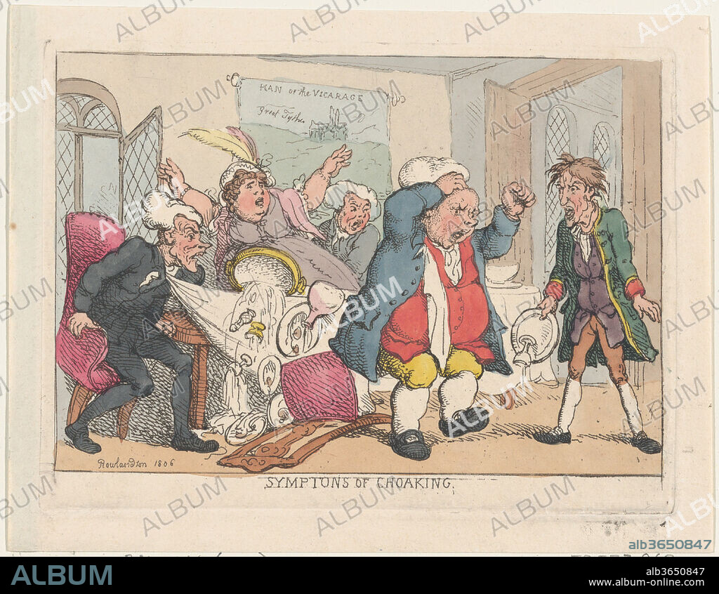 Symptoms of Choaking. Artist: Thomas Rowlandson (British, London 1757-1827 London). Dimensions: Plate: 5 1/4 × 7 3/16 in. (13.4 × 18.2 cm)
Sheet: 6 in. × 7 7/8 in. (15.3 × 20 cm). Publisher: Rudolph Ackermann, London (active 1794-1829). Series/Portfolio: Miseries of Human Life. Date: 1806 (pub. August 25, 1808).