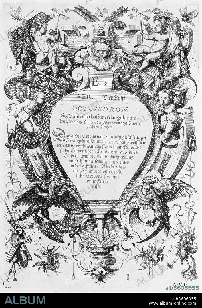Perspectiva Corporum Regularium. Artist: after Wenzel Jamnitzer (German, Vienna 1507/8-1585 Nuremberg). Dimensions: Overall: 13 3/4 x 10 1/16 x 3/8in. (35 x 25.5 x 1cm). Engraver: Jost Amman (Swiss, Zurich before 1539-1591 Nuremberg). Published in: Nuremberg. Date: 1568.
Perspective of the Regular Bodies is a lavish compendium of perspectival geometry expressly intended to show off the graphic skills of Jamnitzer, perhaps the most renowned sixteenth-century goldsmith. Based on the five Platonic solids, or "regular bodies"--the tetrahedron, cube, octahedron, dodecahedron, and icosahedron--the five main sections of the book each consist of twenty-four polyhedral variants. The forms progress from the simplest on the top row of each page to the most augmented and complex at the bottom.